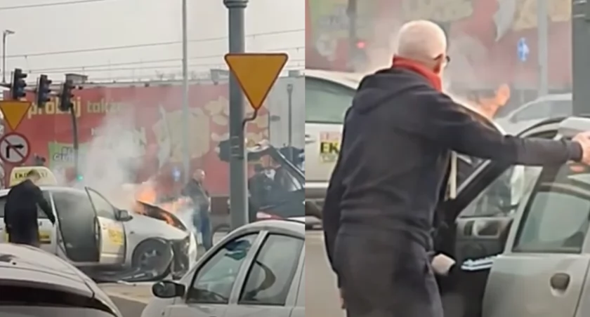 Pożar taksówki w Toruniu. Fot. kadr z YouTube