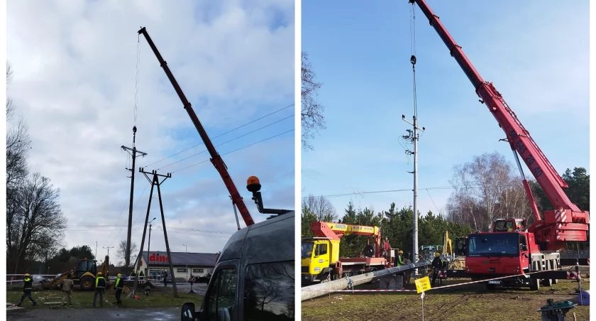 Prace przy usuwaniu słupa lini elektrycznej przy szkole w Osieku nad Wisłą, fot. UG Obrowo