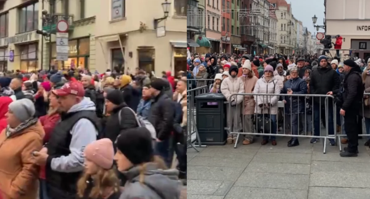 Imprezy, Wielkie tłumy centrum Torunia Ludzie czekają otwarcie bramek Sylwestra - zdjęcie, fotografia
