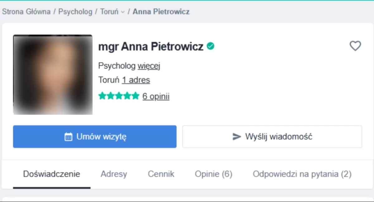 Profil Anny Pietrowicz w serwisie znanylekarz.pl, fot. Zrzut ekranu z serwisu znanylekarz.pl