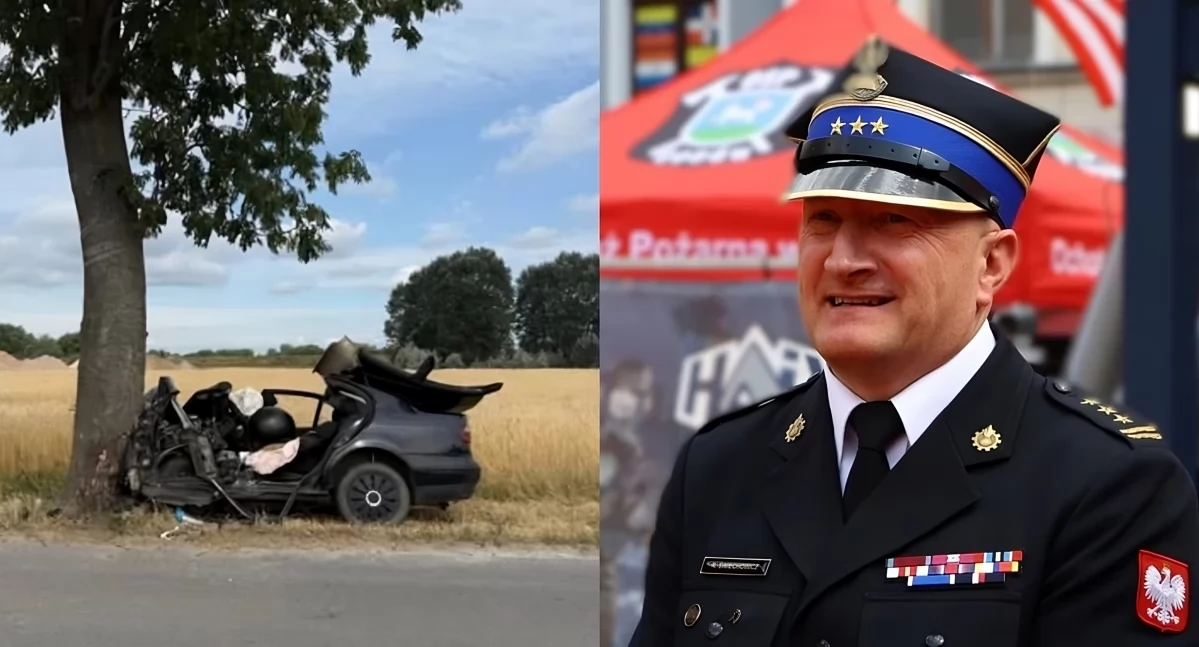 Wypadek w miejscowości Nowe Dobra i komendant KW PSPP Toruń, fot. KP PSP Chełmno oraz KW PSP Toruń