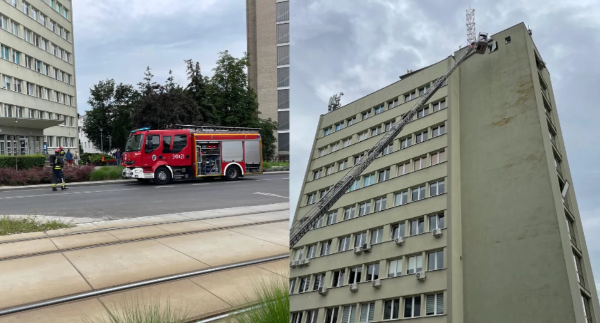 Straż Miejska, Strażacy ćwiczą wieżowcu centrum Torunia Budynek został ewakuowany - zdjęcie, fotografia