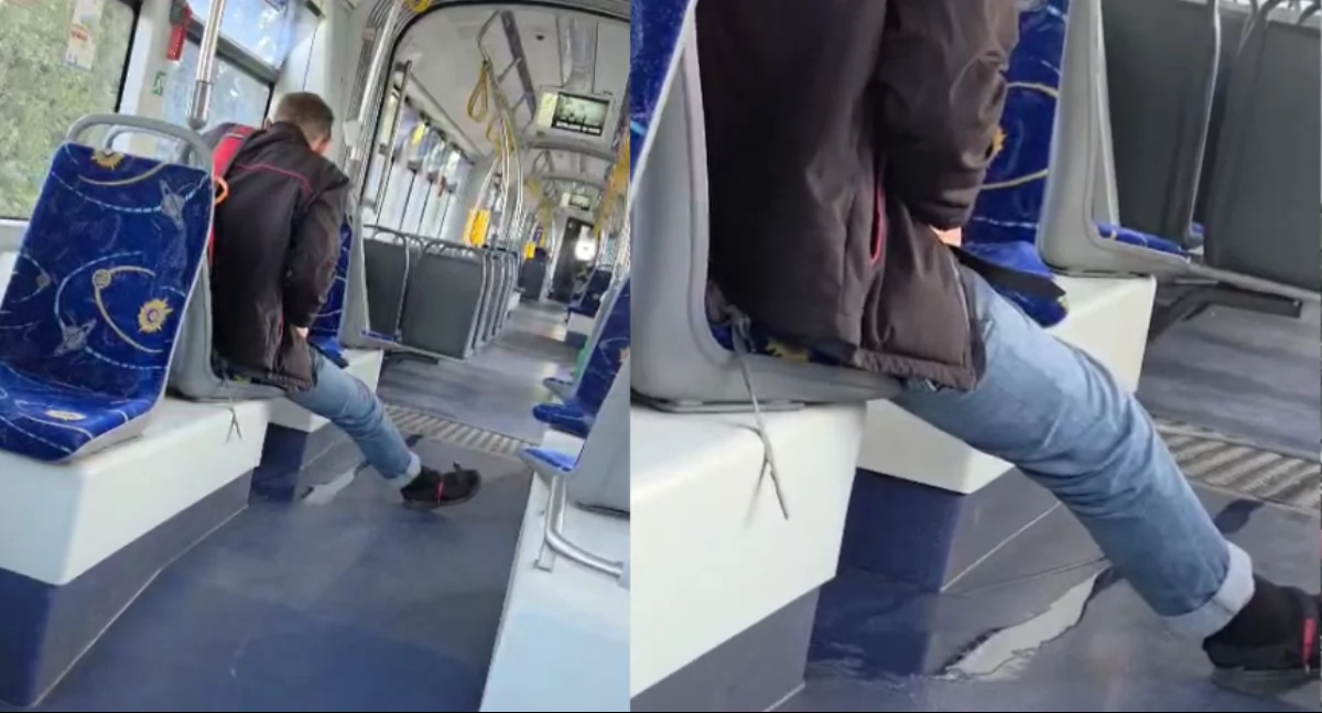 Mężczyzna oddał mocz w trakcie przejazdu tramwajem w Toruniu. Mamy nagranie