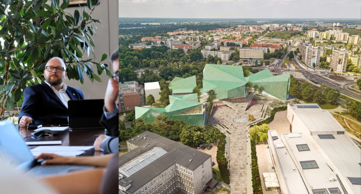 Prezydent Torunia Paweł Gulewski oraz wizualizacja Europejskiego Centrum Filmowego Camerimage, fot. UM Toruń, ECFC