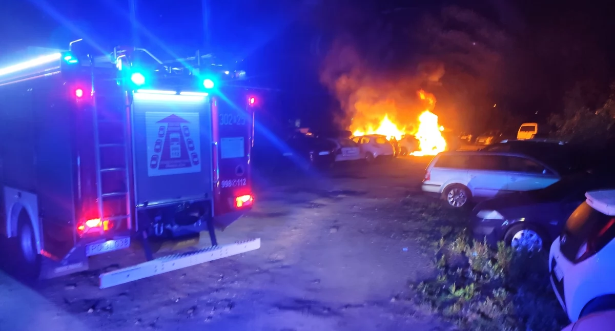 Pożar na parkingu w Toruniu. Doszczętnie spłonęły dwa auta