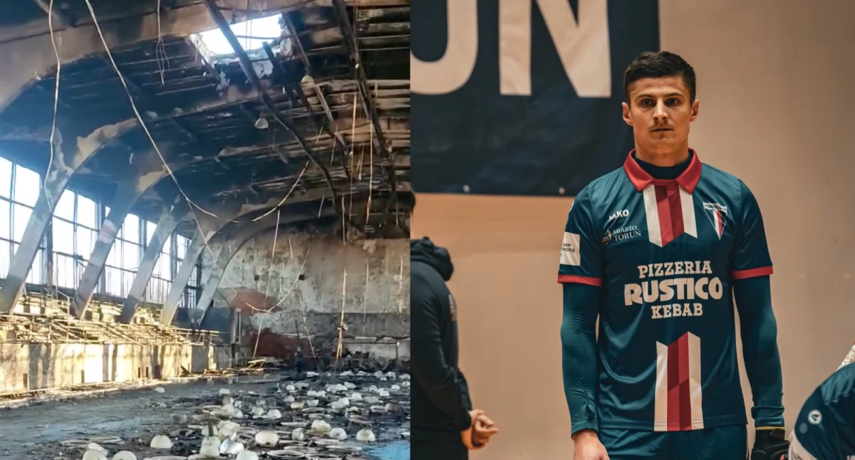 Zniszczona hala w Szostce i Dmytro Luppa, fot. HK Pomorzanin Toruń